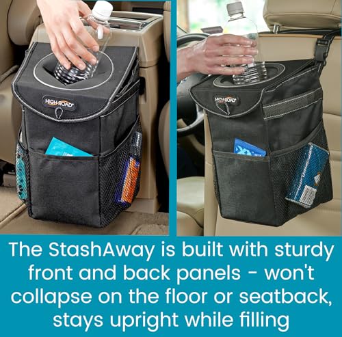 Image of High Road StashAway Heavy Duty Car Trash Can with Rubber Lid, 3 Storage Pockets and Sturdy Panels for Stable Floor or Hanging Seatback Use (Black)