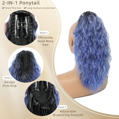 Image of Claw Clip Ponytail Extension 16In Wavy Curly Hair,Ombre Haze Blue