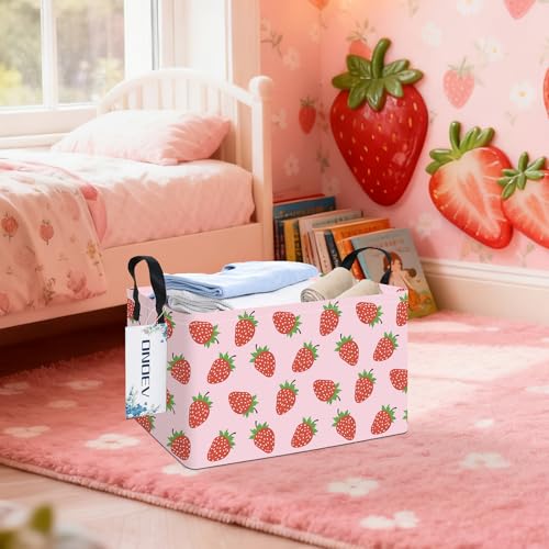 Image of Rectangular Strawberry Laundry Storage Bin for Adults and Kids | Damp resistant canvas fabric, sturdy stitched carry handles, foldable design organizes closet and playroom daily supplies