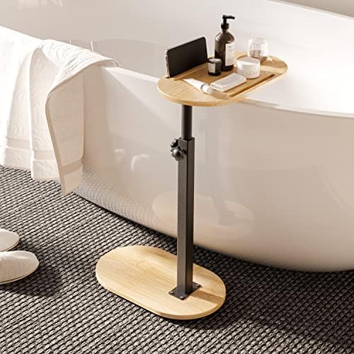 Ackitry Bamboo Bathtub Tray Table with 17-32 inch Adjustable Height, Liftable Freestanding Bath Caddy Tray for Tub Against Wall, Bathtub Side Table Shelf for Luxury Bath Home Spa Bathtub Accessories