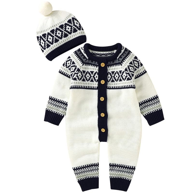 Image of Wugugu Baby Boy Girl Sweater Romper Knit Button Down Longsleeve Outfit Fall Winter Jumpsuit Clothes with Warm Hat Set White 6-12 Months