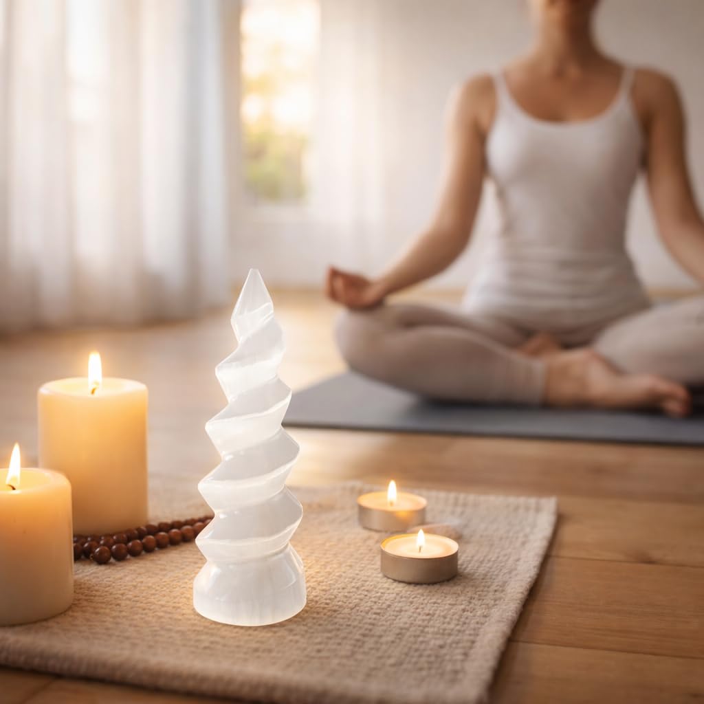 NKlaus Torre de selenita en espiral, 14 cm, piedra curativa para meditación, equilibrio de chakras y energía espiritual, decoración elegante y piedra protectora