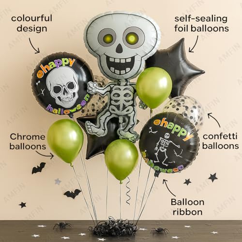 Image of AMFIN (Pack of 11) Halloween Skeleton Balloon Decoration Party Kit with Skeleton Foil Balloon, Happy Halloween Balloons, Green Chrome Balloons, and Black Confetti Balloons - Spooky Party Supplies