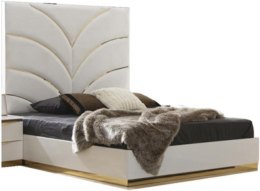 Laura Gold Detailed Queen Size Upholstery Bed Made with Wood in White