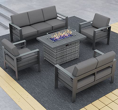 Layinsun Aluminum Furniture Set With Fire Pit Table, 5 Pieces Patio Sectional Conversation Chat Sofa Modern Seating Set #TOP6