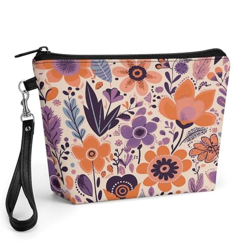Bolsa de maquillaje de flores naranja claro, neceser de cosméticos de 8.9 x 2.6 x 5.7"