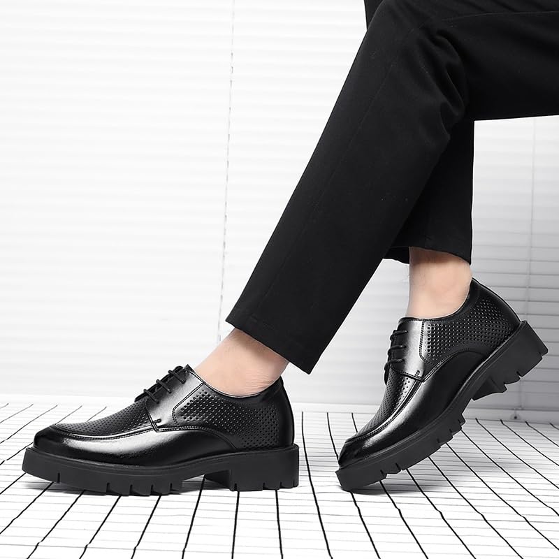 Men's Shiny Patent Leather Oxford Shoes Perforated Fashion Slip-On Round Anti-Slip Mid Chunky Heels Formal Dress Loafers Low Top Work Dress Shoes2