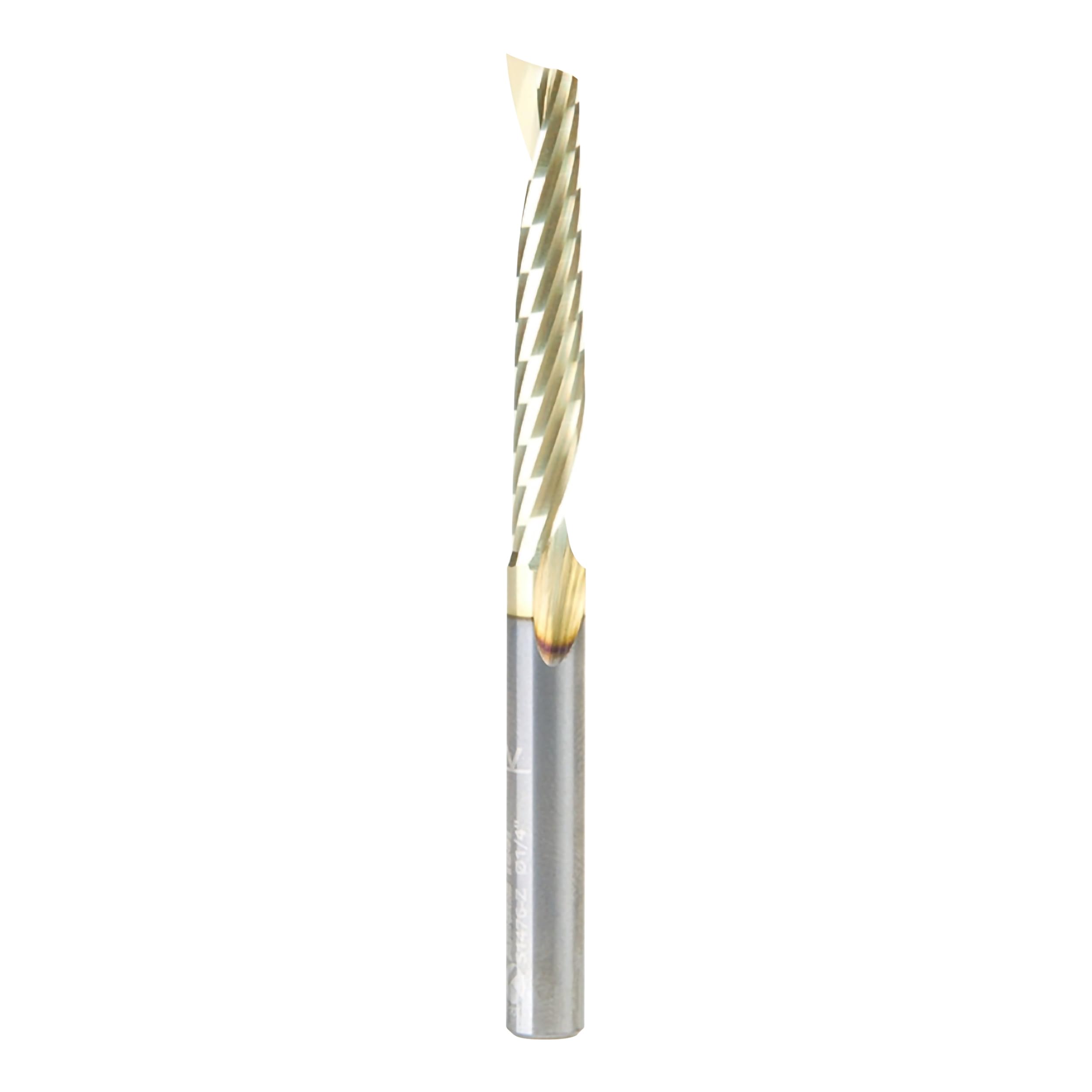 Amana Tool 51476-Z SC Spiral O Single Flute, Aluminum Cutting 1/4 D x 1-1/2 CH x 1/4 SHK x 3 Inch Long Up-Cut ZrN Coated Router Bit with Mirror Finish โ image 1