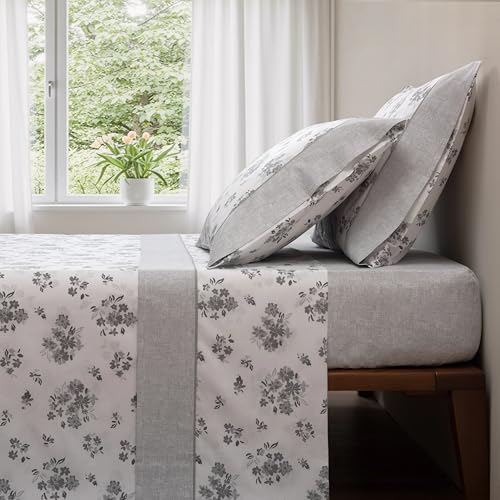 Casa da Laura - Juego de Sábanas 100% Algodón 180 Hilos Floral Gris – 820-180 Hilos - 100% Algodón - Cama 135/140 2 Almohadas 50 x 75 cm - Fabricado Portugal