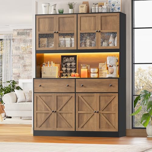 Image of FINETONES 71 inch Pantry Cabinet with LED Light and Charging Station, Farmhouse Kitchen Pantry Cabinet with Microwave Stand, 47.2 inch Wide Kitchen Hutch Food Pantry with Open Countertop, Black /Brown