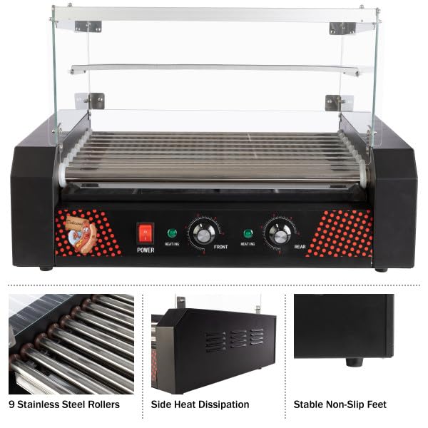 Image of Hot Dog Roller - Stainless-Steel 9-Roller Hot Dog Machine with Bun Warmer and Cover - Hotdog Roller Grill for 24 Hot Dogs by Great Northern Popcorn