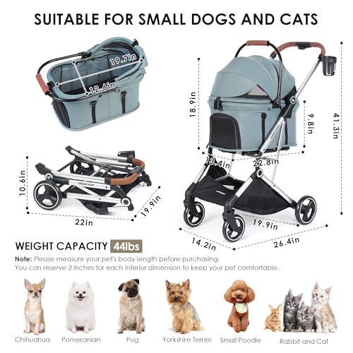 Beberoad Pets Carrinho de bebê pequeno 3 em 1 T3 Pro para cães e gatos, 4 rodas com suporte removíve
