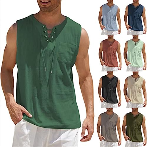 Men's Tank top Shirt Laced Cotton Linen Short-Sleeved T-Shirt Undershirt2