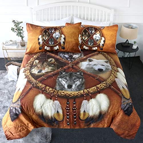 BlessLiving Wolf Dream Catcher Comforter Set Native American Wolf Comforter King Size Bed Set Indian Wolf Bedding Sets King, Brown Gold Wolf Blanket, 3 Piece, 1 Quilt 2 Shams