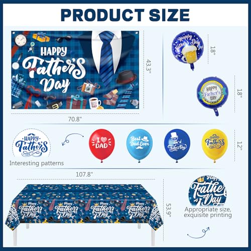 Fathers Day Decorations, 39Pcs Father's Day Decorations Set Includes Happy Fathers Day Banner Backdrop, Father's Day Party Supplies Tablecloth Honeycomb Centerpieces Hanging Swirls Balloons Cake Toppers by tineit - Used condition - Image 3