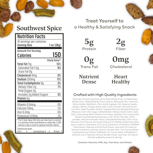 Image of Belmont Peanuts Southwest Spice Bar Mix, 18 oz (1 Pack) - Virginia Peanuts, Buffalo Nuts, Everything Sticks, Smoked Almonds and Guacamole Bits - Simple Ingredients, No Preservatives, Hand Seasoned