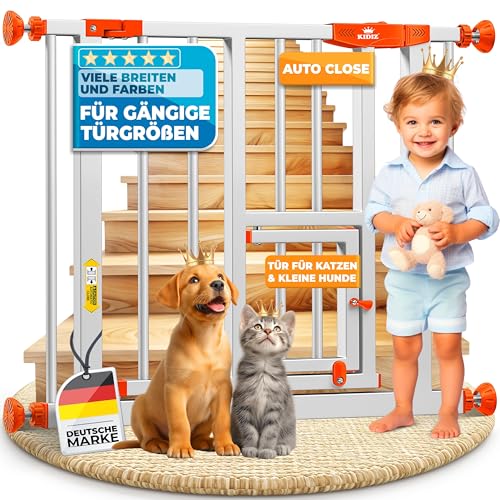 KIDIZ Absperrgitter zum Klemmen mit Katzenklappe, Türschutzgitter, Autoclose Kinder Treppengitter ohne Bohren | 90° Stopp Schutz, schwenkbar, Treppenschutzgitter, Weiß/Orange, Breite: 74-80 cm