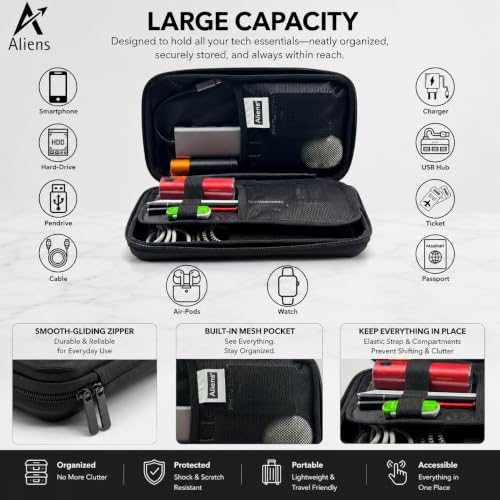 Image of Tukzer Large Travel Gadget Organiser Case Bag Aliens Series, Hardshell ABS Material, Water-Resistant Travel Storage Pouch for HDD /SSD, Samsung T7 Shield,Cable,Charger,Smartphone,airpods,Power Bank-BLK