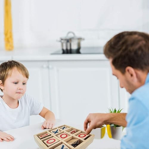Miniatura 6 de Gamie Juego de madera Tic-Tac-Toe, pequeño juego clásico de viaje de madera para niños con piezas giratorias fijas, decoración de mesa auxiliar,
