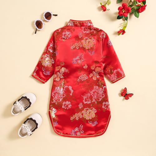 Girls Qipao Peony Long Sleeve Dress Chinese New Year Clothing Chinese Traditional Clothes for Kids Toddler 1-12Y3