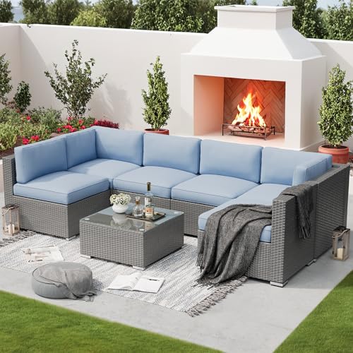 Patiomore Outdoor Patio Furniture Set 7 Piece Outdoor Sectional Sofa Grey Wicker Conversation Sofa Set with Coffee Table and Cushions (Sky Blue) - Thumbnail 2
