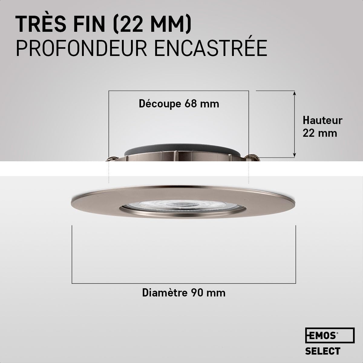 EMOS Spot LED encastrable 230V, 4.9W / 380lm | Spot LED Extra Plat 50° orientable, blanc chaud 3000K | Lot de 6 Spots de plafond pour l'intérieur, Plafonnier LED encastré, couleur argenté