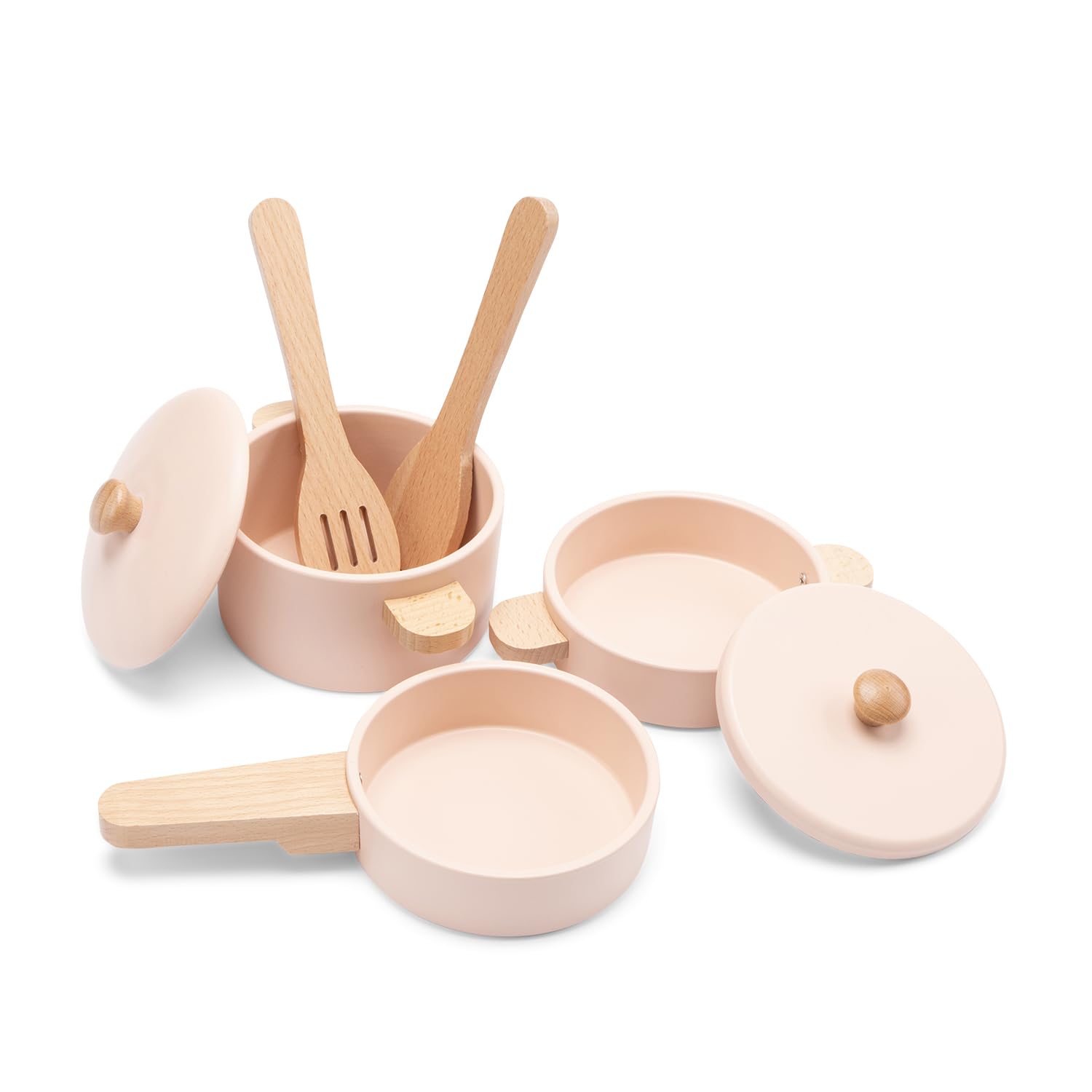 Woet® Juguete de Cocina de Madera para Niños Pequeños – Set de Ollas y Sartenes Rosa 7 Piezas – Accesorios de Cocina Infantil – A Partir de 2 Años – Regalo Infantil