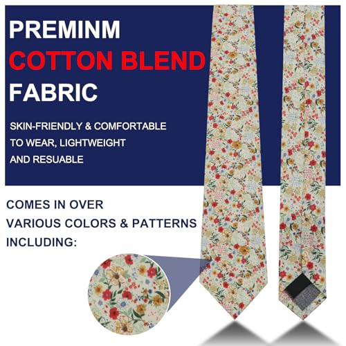 Image of Mantieqingway Men's Skinny Tie, Cotton Floral Ties for Men Wedding Necktie for Groom, Groomsmen, Missions, Dances