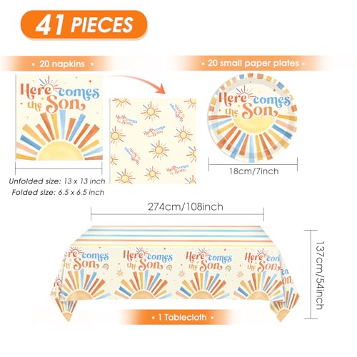 Image of Here Comes The Son Baby Shower Decorations,Boho First Trip Around The Sun Party Supplies,Disposable Dessert Plate,Napkin,Tablecloth for It's A Boy Gender Reveal,Sun You Are My Sunshine Baby Shower