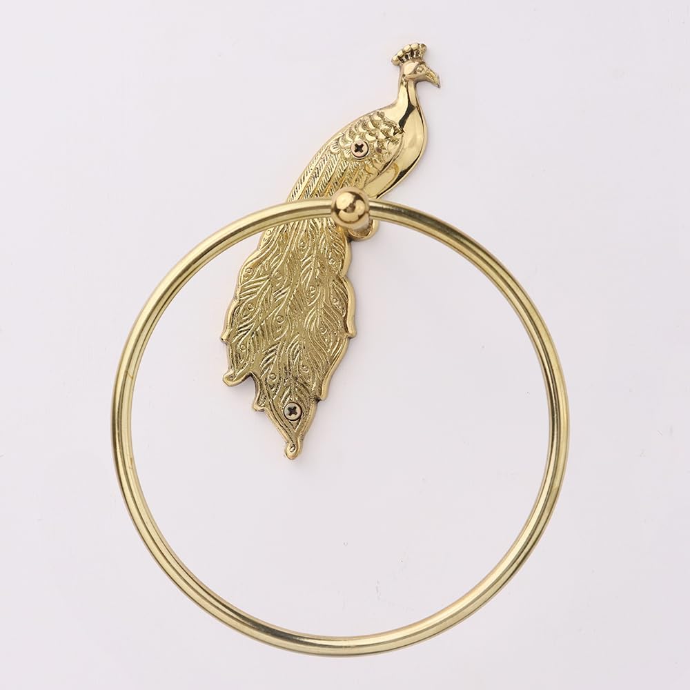 IndianShelf Decorative Peacock Gold Hand Towel Ring Premium Brass Towels Holder for Bathroom Bronze Hand Towel Holder Bathroom Wall
