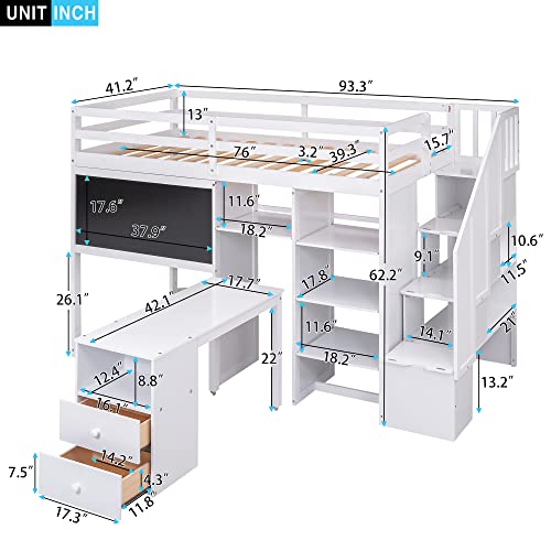 Loft Bed With Stairs And Desk Twin Loft Beds With Storage Bookcase And Drawers Wood Bed Frame With Storage Shelves & Rolling Portable Desk & Black Board For Kids, Juniors, Teen, Boys, Girls, White #TOP1