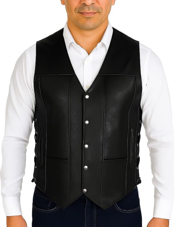 Image of Motorcycle Leather Vest For Men - Tactical Combat Military Style Sleeveless Biker Club Riding Outdoor Waistcoats