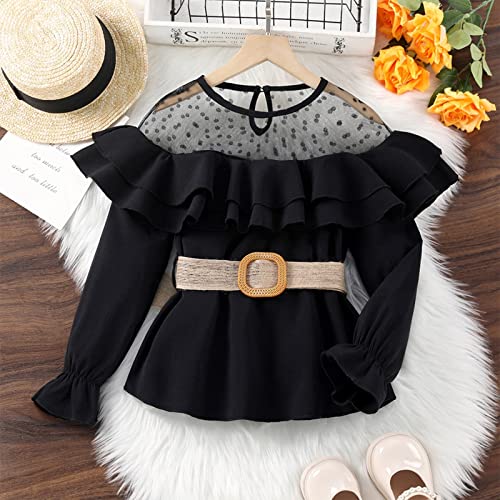 Kids Toddler Girls Solid Bowknot Long Ruffled Sleeve Patchwork Mesh Solid Tops Blouse with Belt Girls (Black, 7-8 Years)4