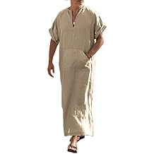Men's V-Neck Linen Robe Short Sleeve Kaftan Thobe Long Gown Casual Shirt for Beach, Summer