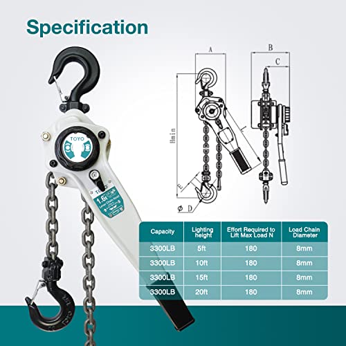 TOYO Guindaste de corrente com alavanca de 1587 kg 3 m, corrente vem junto 1,6 T 3 pés catraca guinc