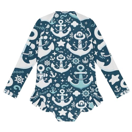 Girls One Piece Swimsuits Long Sleeve Swimsuit Zipper Bathing Suits Anchor Blue Ocean2