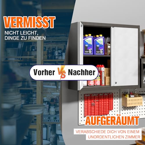 SUPEER Hängeschrank Metall Werkzeugschrank mit 1 Höhenverstellbaren Fachböden&2 Türen,Abschließbar Wandhängeschrank aus Edelstahl,Garage Werkstatt Küche H66 x L66 x D30 cm