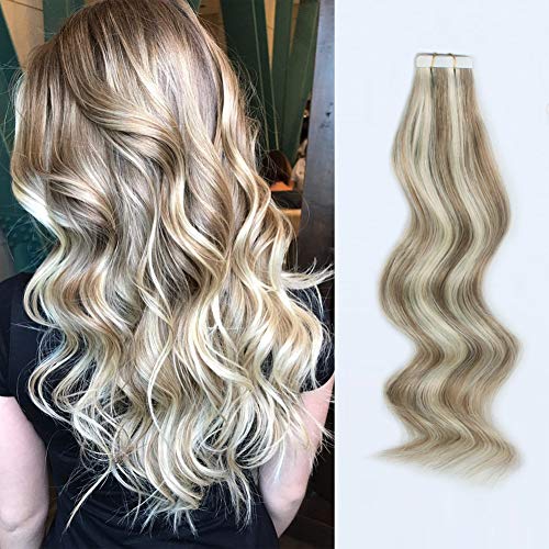 ABH AmazingBeauty Hair 50g 20pcs Sun Kissed Highlight Hair Tape in Extensions Real Remy Human Hair Skin Weft, Invisible, Ash Brown with Platinum Blonde Highlights P8-60, 22 Inches