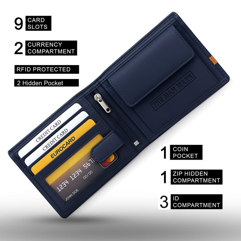 Image of Mens Wallets - Full Grain Original Leather RFID Wallet for Men, 9 Card Slots, 3 ID Windows, Stylish and Secure Card & Cash Holder (Large, Navy Blue)