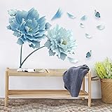 ROFARSO 49.2'' x 30.7'' 3D Blue Flowers Butterflies Wall Stickers Vinyl Removable Large Wall Decals Art Decorations Decor for Bedroom Living Room Office Study Room Murals