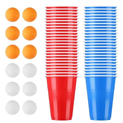Gobelet Beer Pong BUCOMTU, 500ML Rouge et Bleu, 50 Gobelets avec 12 Balles de Ping-Pong,...