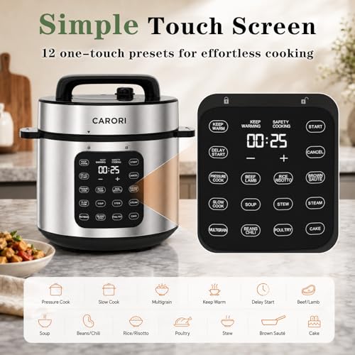 Image of CARORI 6 Qt Electric Pressure Cooker, 9-in-1 Multi-Cooker with IMD Touchscreen, 24H Delay Start, Nonstick Ceramic Pot, Rice Cooker, Slow Cooker, Steamer, Saute, Silver