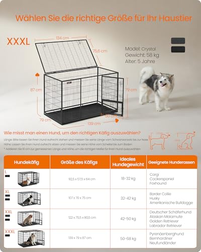 Feandrea Haustierkäfig hochbelastbar, Gitterbox, transportabel, 139 x 79 x 87 cm, für mittelgroße, große Tiere, sicher, 2 abnehmbare Türen, XXXL, tintenschwarz PPD004B01