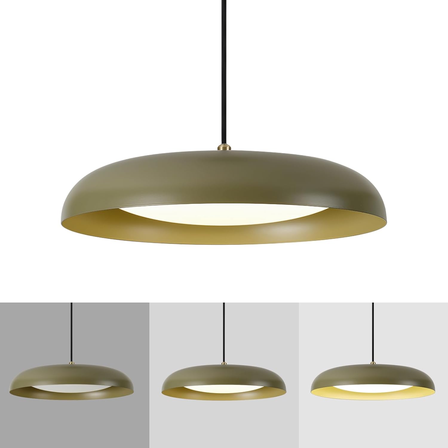 BISAMIYA 16" Modern Dimmable LED Pendant Light - Elegant Deep Green Metal Shade for Kitchen Island, Dining Room & Living Room - 3000K Warm White