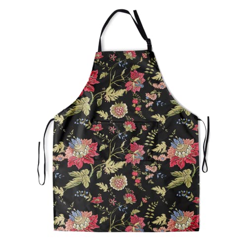 Floral Apron For Women With Pockets Chef Aprons Adjustable Neck Waterproof Retro Flower Black Aprons For Kitchen Cooking Baking Gardening Hair Stylist Waitress Men Bbq #TOP13