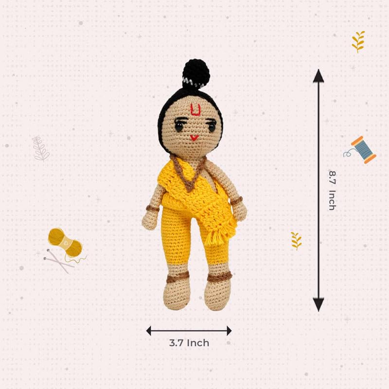Image of LITTLE GINNIE Lord Ram Crochet Soft Doll for Babies -Yellow| Handmade Crochet Soft Toy for Kids Girls | Ideal for Birthday & Return Gift for 6+ Months