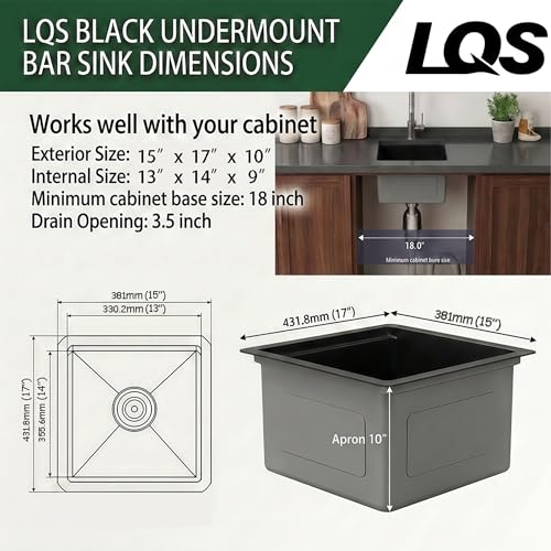 Image of LQS Black Stainless Steel Undermount Bar Sink, 15 inch x 17 inch Small Wet Bar Sink and RV Kitchen Sink Workstation, 16 Gauge Stainless Steel Kitchen Sink with Abundant Accessories For RV, Outdoor, Coffee Bar