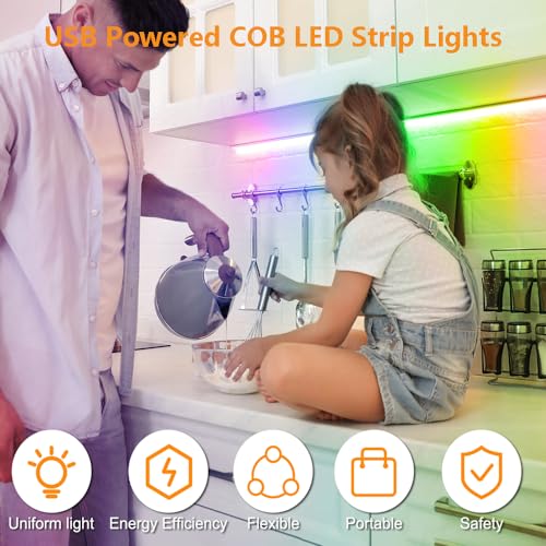 Image of USB Powered COB Led Strip Lights, 6.56Ft Battery Operated Blue LED Strip Lights, High Brightness Flexible LED Tape Lights for Room, Cabinet, Bedroom, Kitchen, Party, Home DIY Indoor Deco