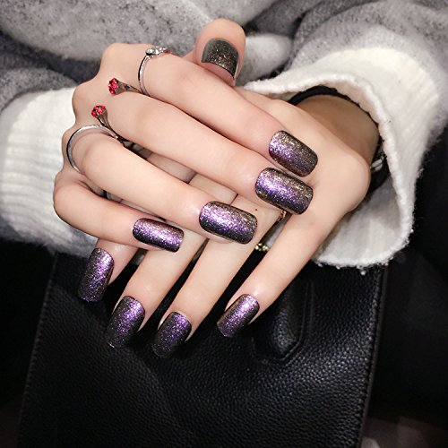 YUNAI Fake Nail Long/Medium Size Fake Nail Artificial Nail Tips Sparkling Dream Color Purple