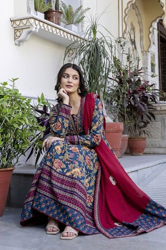 Image of Pistaa's Women's Pure Cotton Anarkali Floral Printed Kurta with Palazzo & Dupatta Set
